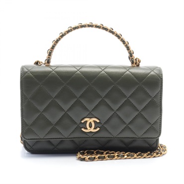 CHANEL CC Top handle Matelasse Shoulder Bag Lamb leather Khaki Used Women Coco