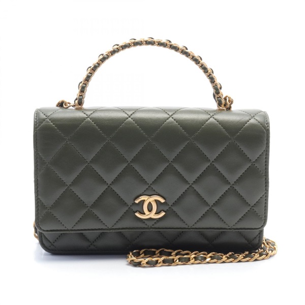 CHANEL CC Top handle Matelasse Shoulder Bag Lamb leather Khaki Used Women Coco