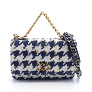 CHANEL 2way chain Shoulder Bag leather pile Navy White Used Women GHW CC Coco