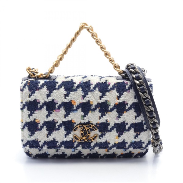 CHANEL 2way chain Shoulder Bag leather pile Navy White Used Women GHW CC Coco