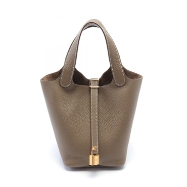 HERMES Picotin Lock PM Hand bag Taurillon Clemence GHW Etoupe Grey Brown Used