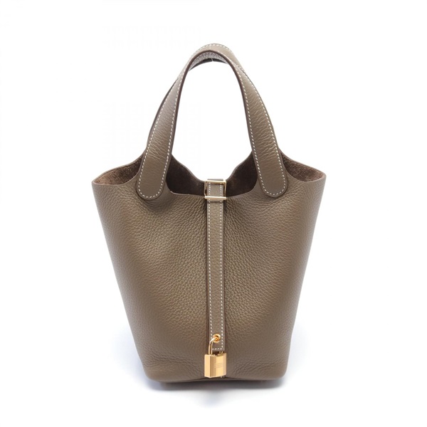 HERMES Picotin Lock PM Hand bag Taurillon Clemence GHW Etoupe Grey Brown Used