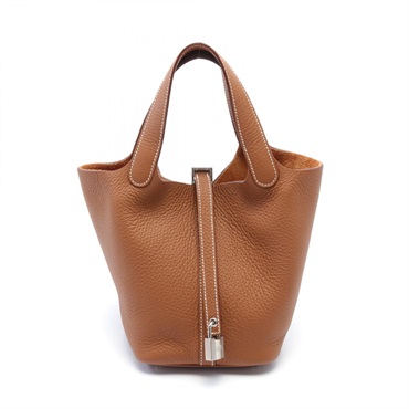 HERMES Picotin Lock PM Hand bag Taurillon Clemence SHW Gold Brown Used Women