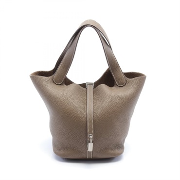 HERMES Picotin Lock MM Hand bag Taurillon Clemence SHW Etoupe Gray Brown Used