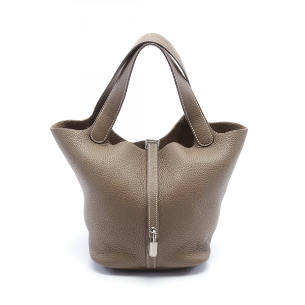 HERMES Picotin Lock MM Hand bag Taurillon Clemence SHW Etoupe Gray Brown Used