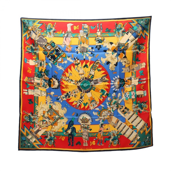 HERMES Carre90 Kachinas Scarf silk Red Blue Green Mulch color Used Women