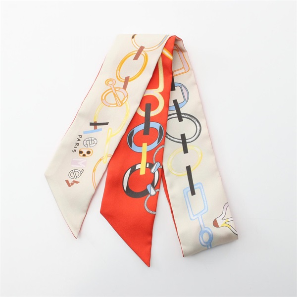 HERMES Twilly Do Re Boucles Scarf silk Beige Red Multicolor Used Women