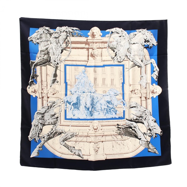 HERMES Carre 90 LA FONTAINE DE BARTHOLDI Scarf silk Beige Navy Used Women