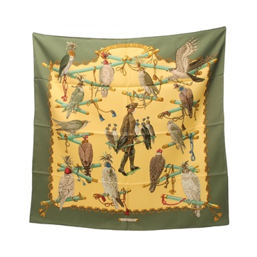 HERMES Carre 90 LES OISEAUX DU ROY Scarf silk Yellow Green Multicolor Used Women