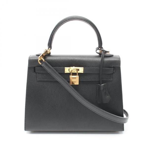 HERMES Kelly 25 Shoulder Hand bag Epsom Leather GHW Black Used Women