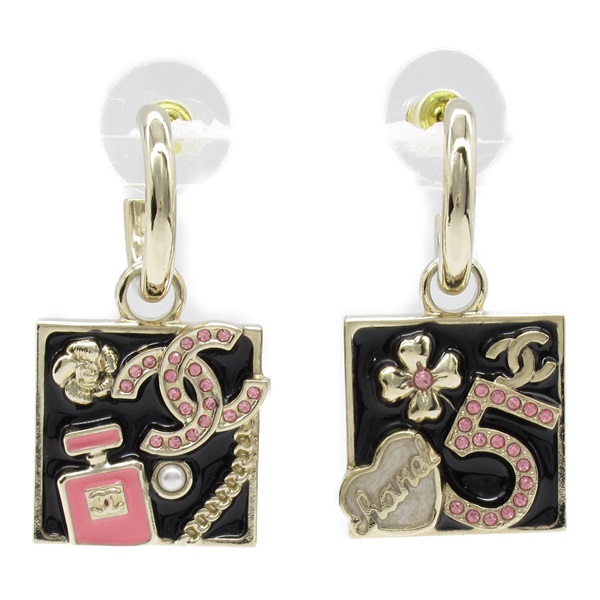 CHANEL NO.5 Pierced earrings Gold Plated Black Used CC Coco women