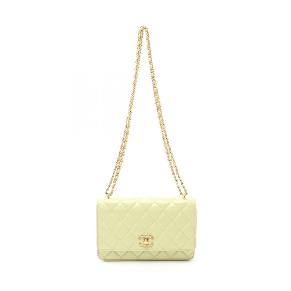 CHANEL CC Matelasse Chain Shoulder Bag Lamb leather Yellow Used Women Coco
