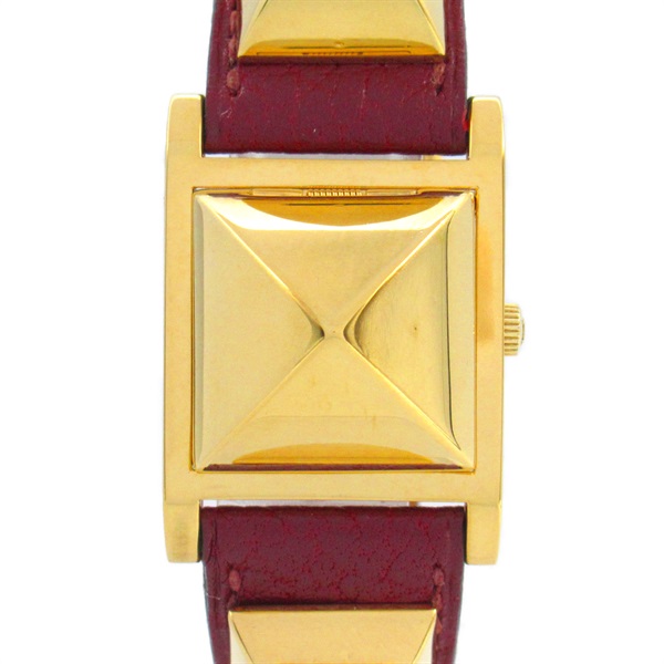 HERMES Medor Wrist Watch ME1.201 Quartz Gold Plated Leather belt Used Women