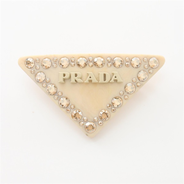 PRADA Triangle logo barrette hair slide 1IF090 GHW Plastic Rhinestone Beige Used