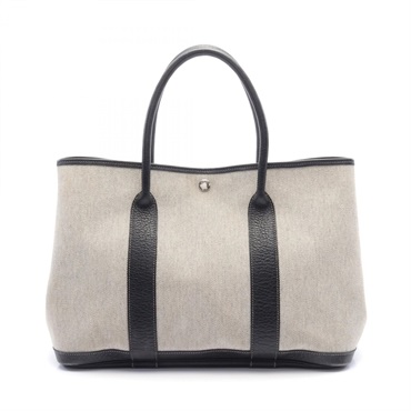 HERMES Garden party PM Tote Bag H Toile H leather Gray Black Used SHW
