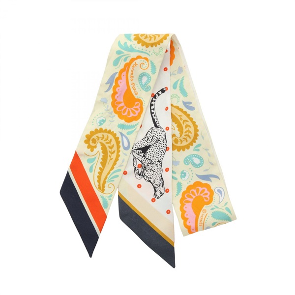 HERMES Twilly GUEPARDS BANDANA Scarf silk Beige White Multicolor Used Women