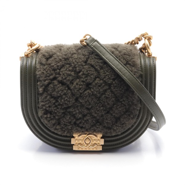 CHANEL Boy Chanel Small Shoulder Bag AS3350 leather Boa Khaki Used