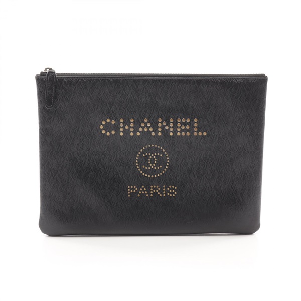 CHANEL Deauville business clutch bag A80802 Grained calfskin Black Used Women CC