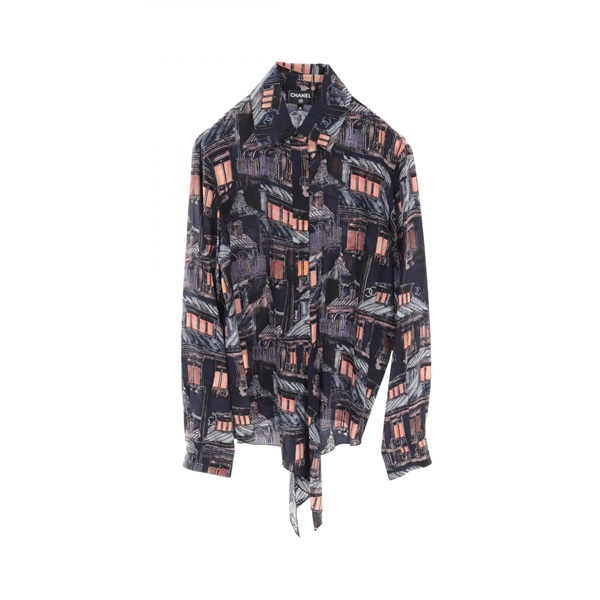 CHANEL blouse Top shirts P64116V49088 silk Navy Multicolor Used Women size 40