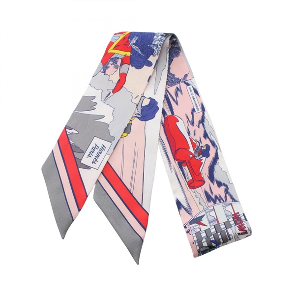 HERMES Twilly WOW Scarf silk White Red Grey Multicolor Used Women