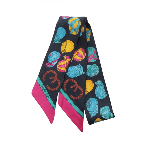 HERMES Twilly JOCKEY Scarf silk Navy Blue Pink Multicolor Used Women