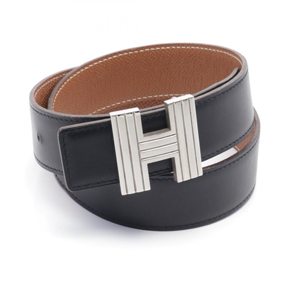 HERMES H belt ceinture reversible D Box calf leather Courchevel Black Brown SHW