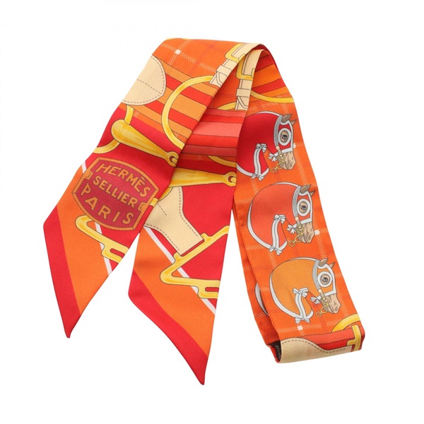 HERMES Twilly SELLIER Scarf silk Orange Red Multicolor Used Women