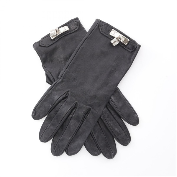 HERMES SOYA Kelly gloves gants Lamb leather Black Used SHW