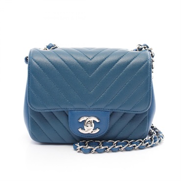 CHANEL Mini flap V-stitch Shoulder Bag A35200 Grained calfskin Blue Used Women