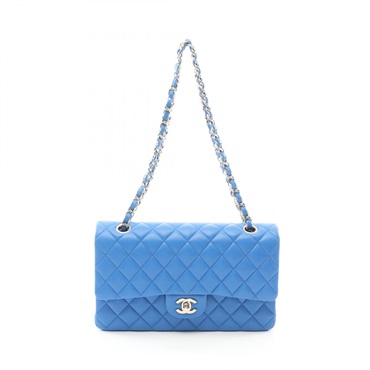 CHANEL Matelasse W flap Shoulder Bag A01112 Lamb sheep leather Blue Used GHW CC