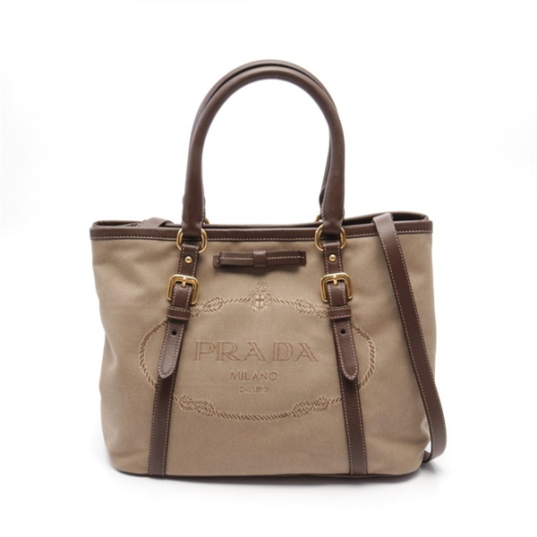 PRADA LOGO JACQUARD Tote Bag BN2527 canvas leather Beige Brown Used