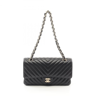 CHANEL Chevron V-stitch W-flap chain Shoulder Bag A01166 Lambskin Black Used GHW