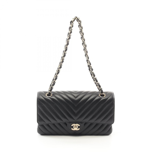CHANEL Chevron V-stitch W-flap chain Shoulder Bag A01166 Lambskin Black Used GHW