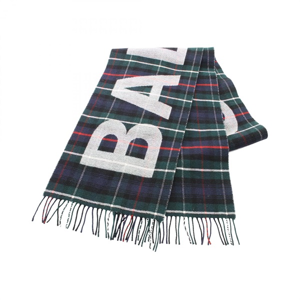 BALENCIAGA Tartan check Scarf 530045 wool Navy Green Multicolor Used unisex