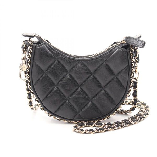 CHANEL Matelasse Hobo Chain around Shoulder Bag Lambskin Black Used GHW