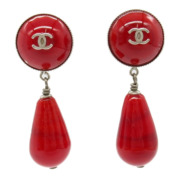 CHANEL COCO Mark Pierced earrings Silver plating Red Used