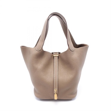 HERMES Picotin Lock MM Tote Handbag Clemence leather Brown Etoupe Grey Used GHW