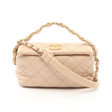 CHANEL Matelasse 2way chain Shoulder Bag Lambskin sheep leather Beige Used GHW