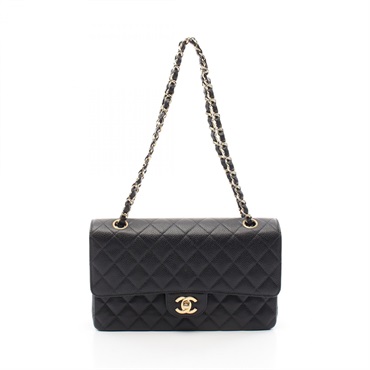 CHANEL Matelasse W flap Chain Shoulder Bag A01112 leather Black Used Women GHW