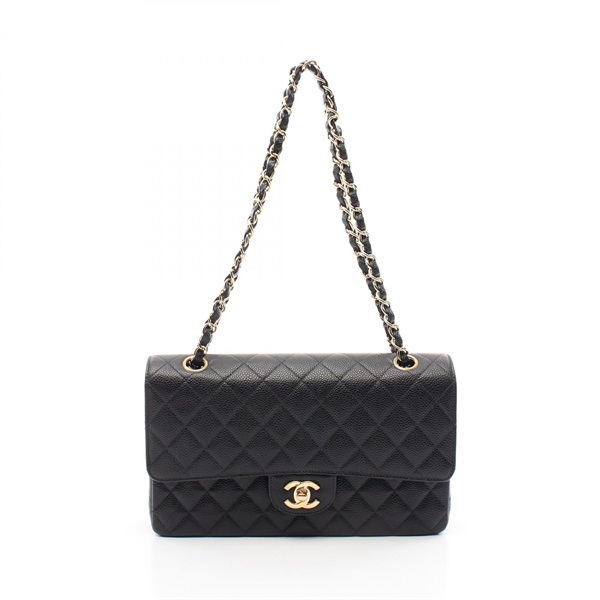 CHANEL Matelasse W flap Chain Shoulder Bag A01112 leather Black Used Women GHW