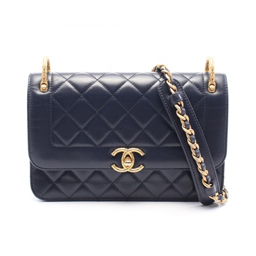 CHANEL Matelasse Chain Shoulder Bag leather Navy Used Women GHW CC Coco