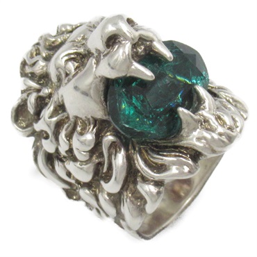 GUCCI Lion head Ring metal Silver Green Used unisex US size  7.5