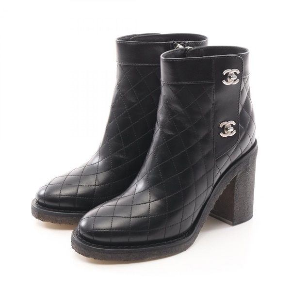CHANEL COCO Mark short boots #36 heels shoes G31285 leather Black Used Women