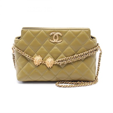 CHANEL Chain Shoulder Bag leather Khaki Used Women GHW CC Coco