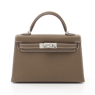HERMES Mini Kelly 2 2way shoulder Handbag Epsom leather Etoupe Grey Used W SHW