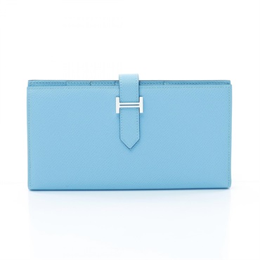 HERMES Bearn Soufflet Bifold wallet purse W Epsom Blue Celeste Used SHW