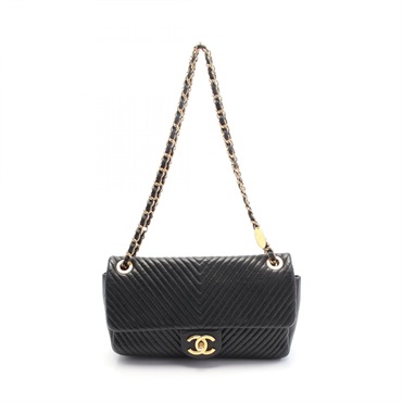 CHANEL Chevron V-stitch W-flap chain Shoulder Bag A01166 leather Black Used GHW