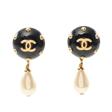 CHANEL COCO Mark clip Earrings Gold Plated Artificial pearls Used