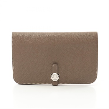 HERMES Dogon GM Bifold purse wallet Z Taurillon Clemence Etoupe Grey Used SHW