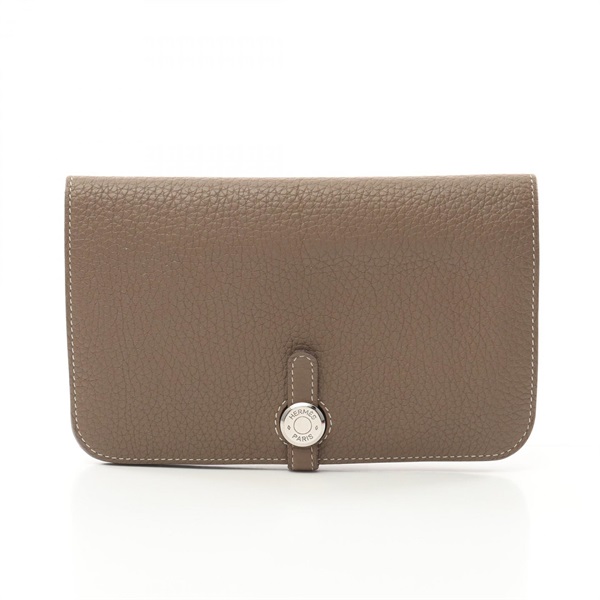 HERMES Dogon GM Bifold purse wallet Z Taurillon Clemence Etoupe Grey Used SHW